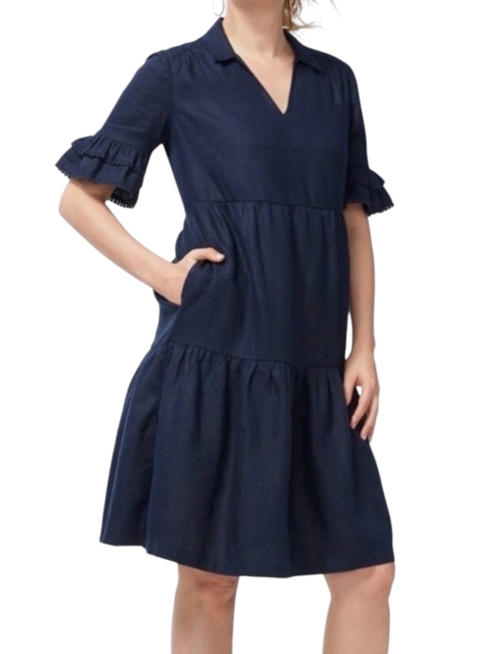 Chico’s Linen Navy Ruffle-Sleeve Tiered V-Neck Dress 2.5 US 14 with pockets